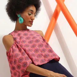 Veni Vidi Vici Ethnic Motifs Printed Cold-Shoulder Sleeves Crop Top-image-17