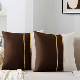 AEROHAVEN Brown & White 2 Pieces Colourblocked Velvet Square Cushion Covers-54