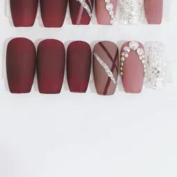AMOK STORE Set of 12 Reusable Artificial Nails With Application Kit - Maroon-15