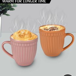URBAN CHEF Set Of 2 Peach-Coloured & Mustard Handcrafted Textured Ceramic Glossy Mugs-3