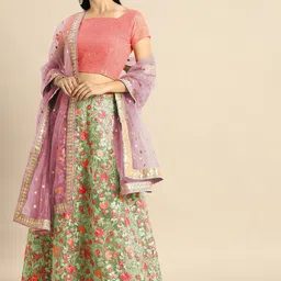 Fusionic Green & Pink Embroidered Thread Work Semi-Stitched Lehenga & Unstitched Blouse With Dupatta-6