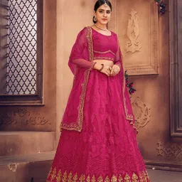 Warthy Ent Pink & Gold-Toned Embroidered Thread Work Semi-Stitched Lehenga & Unstitched Blouse With Dupatta-picture-46