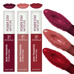 PERPAA Set of 3 Power Stay Non-Transfer & Long-Lasting Velvet Matte Liquid Lipstick 5 g-Maroon 09 - Nude 21 - Red 22-5