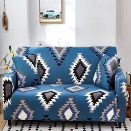HOUSE OF QUIRK Blue & White Geometric Four Seater Elasticated Sofa Cover With Arms-image-52