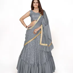 ODETTE Grey & Gold-Toned Semi-Stitched Lehenga & Unstitched Blouse With Dupatta-picture-17