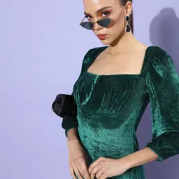 STREET 9 Women Green Solid Velvet Dress-image-48