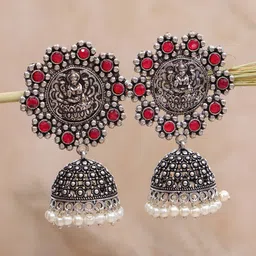 Crunchy Fashion Red Silver Plated Classic Jhumkas Earrings-22