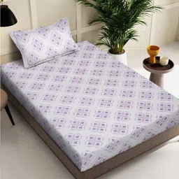 KLOTTHE White & Purple Geometric Printed 400 TC Pure Cotton Single Bedsheet & PillowCover-21