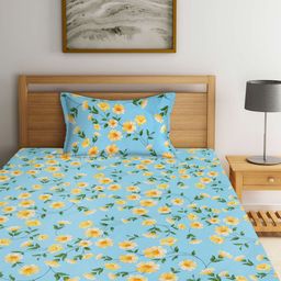 Arrabi Turquoise Blue & Yellow Floral Printed 300 TC Fitted Single Bedsheet & Pillow Cover-image-53