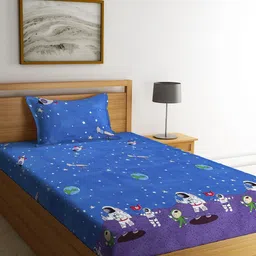 KLOTTHE Blue & White Cartoon Characters 210 TC Polycotton 1 Single Bedsheet with 1 Pillow Covers-image-57