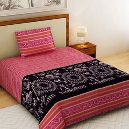 Salona Bichona Magenta & Black Ethnic Motifs 120 TC Cotton 1 Single Bedsheet with 1 Pillow Covers-47