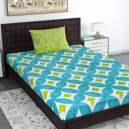Divine Casa Turquoise Blue & White Geometric 120 TC 1 Single Bedsheet with 1 Pillow Covers-image-4