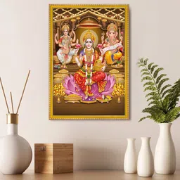 999Store Beige & Red Lakshmi With Ganesha & Saraswati Painting Wall Art With Photo Frame-17