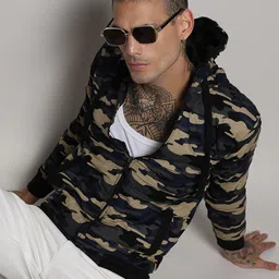 Campus Sutra Navy Blue & Beige Camouflage Windcheater Outdoor Bomber Jacket-image-36