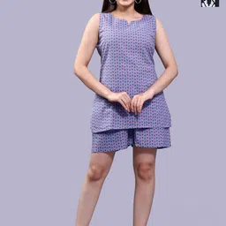 Krati Creations Ethnic Motifs Printed Sleeveless Pure Cotton Top With Shorts-image-48