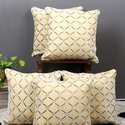 MFD HOME FURNISHING Beige & Brown 5 Pieces Embellished Velvet Square Cushion Covers-8