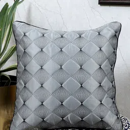 MFD HOME FURNISHING Silver-Toned & Black Embroidered Satin Square Cushion Cover-48