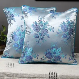 MFD HOME FURNISHING Blue & Silver-Toned 2-Pieces Embellished Silk Square Cushion Covers-41