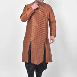 DEYANN PLUS Men Copper-Toned Ethnic Motifs Printed Dupion Silk Kurta with Dhoti Pants-image-98