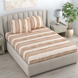 DREAM WEAVERZ Beige & Brown Pure Cotton 220 TC Double Queen Bedsheet With 2 Pillow Covers-image-42