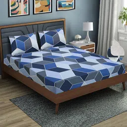 Good Homes by Home Candy Blue Geometric 144 TC Fitted Queen Bedsheet with 2 Pillow Covers-picture-6