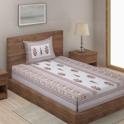 Rajasthan Decor White & Orange Printed 144 TC Single Bedsheet With 1 Pillow Cover-image-74