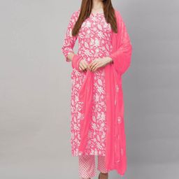 GoSriKi Floral Printed Straight Kurta With Trouser & Dupatta-image-67