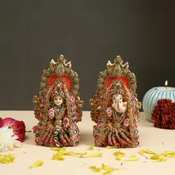 Aapno Rajasthan Orange & Green 2 Pieces Textured Laxmi Ganesh Terracotta Idol Showpieces-image-29
