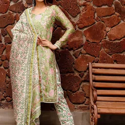PHEETA Women Green Floral Printed Pure Cotton Kurta with Trousers & With Dupatta-picture-46