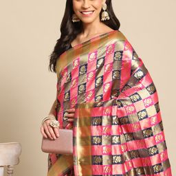 Anouk Navy Blue Floral Silk Blend Dharmavaram Saree-image-87