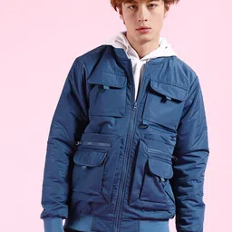 The Indian Garage Co Men Blue Longline Outdoor Padded Jacket with Patchwork-34