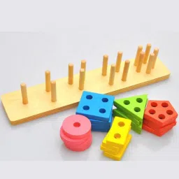 poksi Wooden Geometric Shape Sorter/Matching Puzzle for Kids - 5 Pillar, Rectangular Multi color Non Toxic Toy for Children image 2