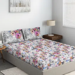 DDecor Pink & Grey Floral Printed 144 TC Cotton  King Bedsheet With 2 Pillow Covers-picture-27