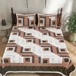 JAIPUR PRIME White & Brown Floral Pure Cotton 210 TC King Bedsheet with 2 Pillow Covers-image-71