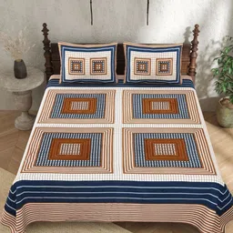 JAIPUR PRIME White & Blue Geometric Pure Cotton 210 TC King Bedsheet with 2 Pillow Covers-image-61