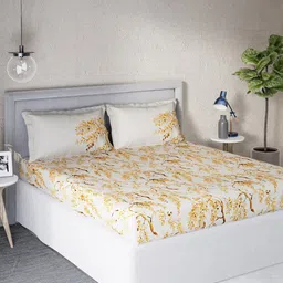DDecor Off White & Yellow Floral 140 TC Cotton Queen Bedsheet with 2 Pillow Covers-image-85