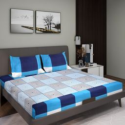 Aura Blue & White Geometric 160 TC Queen Microfiber Bedsheet With 2 Pillow Covers-image-17