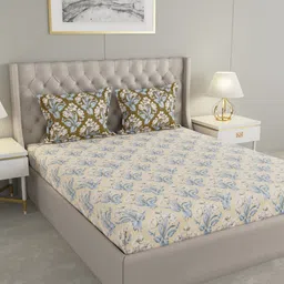 Raymond Home Beige & Blue Ethnic Motifs Cotton 144 TC Queen Bedsheet with 2 Pillow Covers-image-69