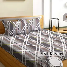 Aura Grey & White Geometric 180 TC Fitted Queen Bedsheet With 2 Pillow Covers-image-82