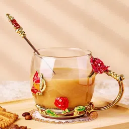 Pack of 1 Glass Butterfly Flower Clear Lead-Free Glass Coffee Mugs Tea Cup with Steel Spoon Set-image-55