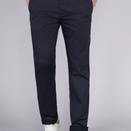 Men Slim Fit Dark Blue Cotton Blend Trousers-image-66