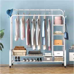 Steel Floor Cloth Dryer Stand Portable Garment Rack,Metal Clothes with 2 Hanging Rails, 4 Hooks,4 Side Shelves-image-87