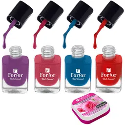 FORFOR Set of 4 Perfect Stay Fast Dry Glossy Nail Enamel - 5ml each & 30 Removal Wipes-2