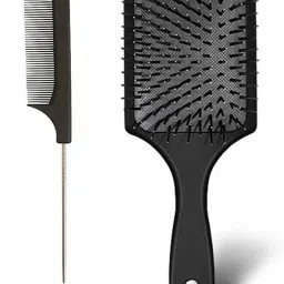 Professional unisex Big Hair Paddle Rectangular Cushion Brush & Black Carbon Sectioning comb with Steel Handle for hair styling -pack of 2-19