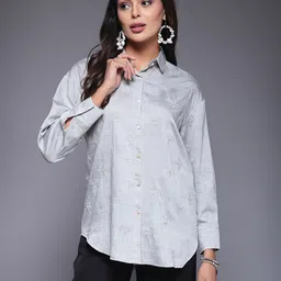 mafadeny Women Relaxed Fit Fit Self Design Spread Collar Casual Shirt-picture-27