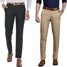 Pack of 2 Men Regular Fit Black, Cream Viscose Rayon Trousers-image-37