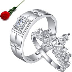 Queen & King Limited Edition Love Valentine Sterling Silver Couple Rings with Rose Box Packing Stainless Steel Cubic Zirconia Silver Plated Ring Set-image-50