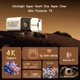 TOPPRO T5 Mini 4K Support Native HD Android 13 WiFi/BT 6.0 Auto Keystone with Miracast (5500 lm / 1 Speaker / Wireless / Remote Controller) Portable Projector image 2