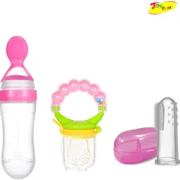 Baby Silicone Spoon Feeder Fruit Feeder & Fingure Toothbrush Combo PO3 - Pink Feeder-image-22