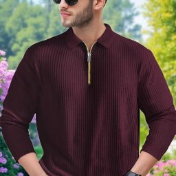 Men Self Design Polo Neck Cotton Blend Maroon T-Shirt-image-96